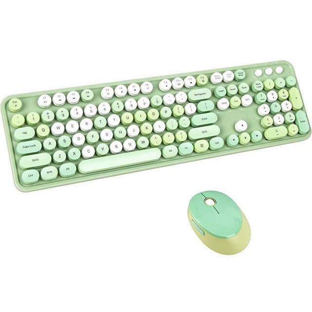 UBOTIE Colorful Computer Wireless Keyboard Mouse Combos, Typewriter Flexible Keys Office Full-Sized Keyboard, 2.4GHz Dropout-Free Connection and Optical Mouse (Green-Colorful)