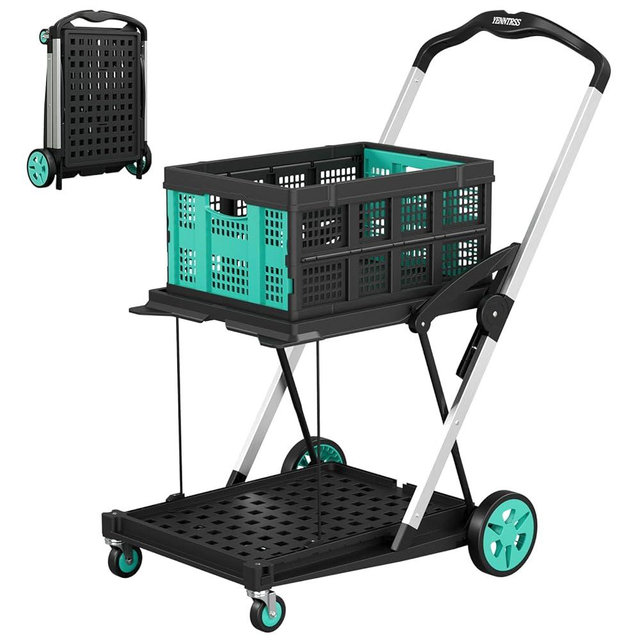 Yenntrss Shopping Cart, 6-in-1 200 lbs Multi Functional Collapsible Carts with 1 Storage Crates, 2-Tier Portable Utility Cart, Adjustable Folding Trolley for Shopping Warehouse Office Supermarket