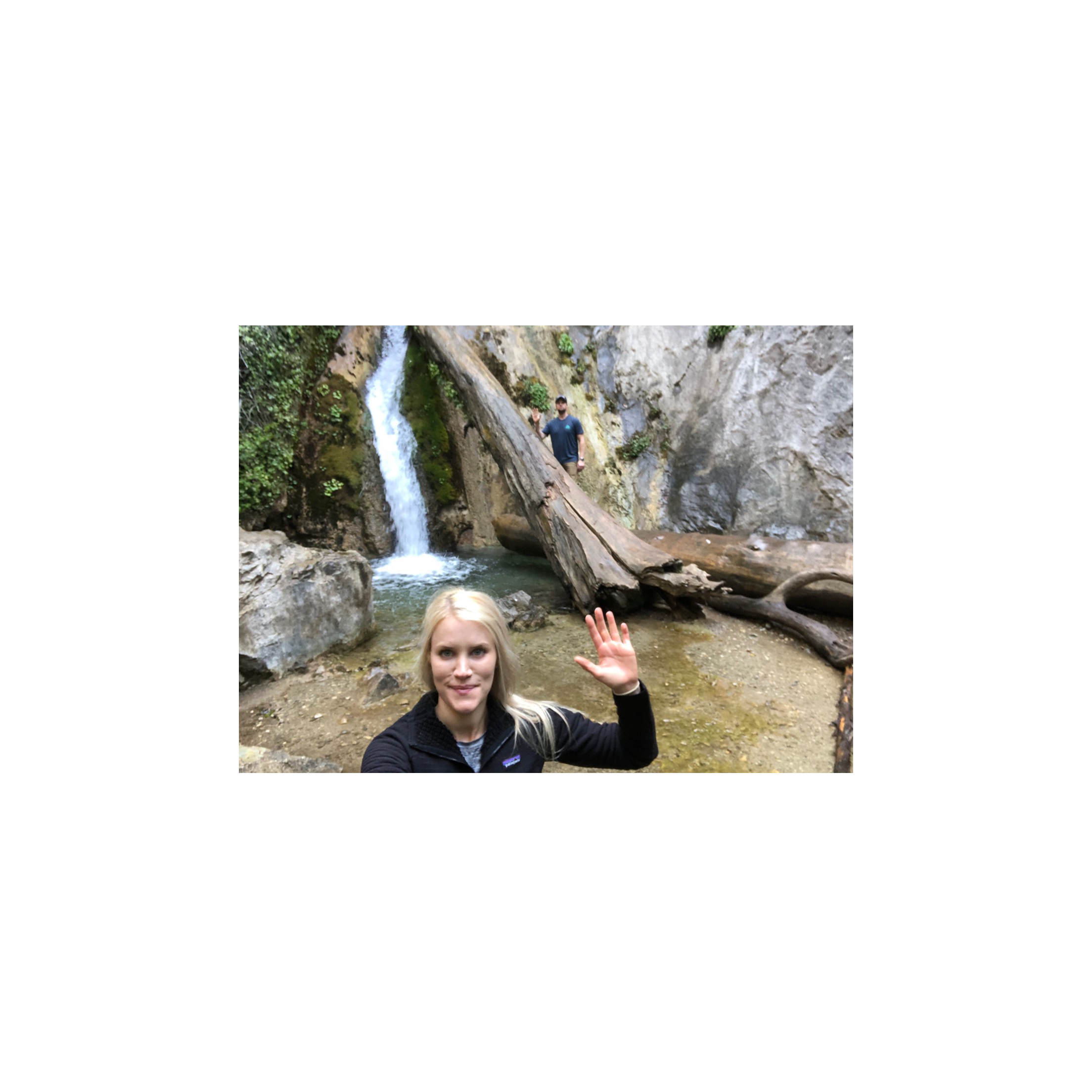 August 2019 - Big Sur Vacation - Waving from the Limekiln Park waterfall.