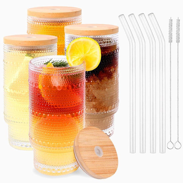 Vintage Drinking Glasses Set of 4 with Bamboo Lids and Straws, Ribbed Drinking Water Highball Glasses Set, Clear Fluted Textured Embossed Glass Iced Coffee Cups for Beer, Cocktail, Beverage(16 oz)