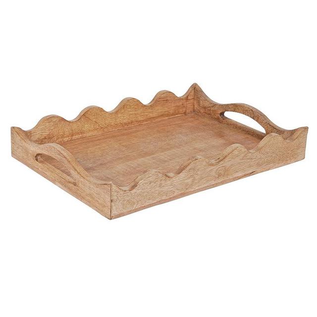 Scallop Coffee Table Tray (Natural Finish) - “Scallop” - Wood Serving Tray w/Handles for Breakfast in Bed - Mango Wood Decorative Tray w/Felt Pads - Large Wooden Tray - 14” x 10” x 2”