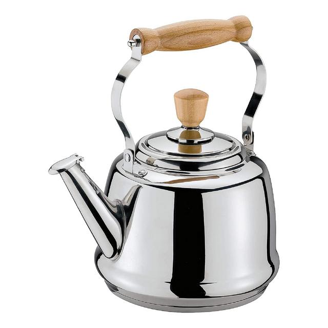 Cilio Tradition Stainless Steel Whistling Water Kettle, Stovetop Kettle with Wooden Handles, 2.6 Quarts, Silver