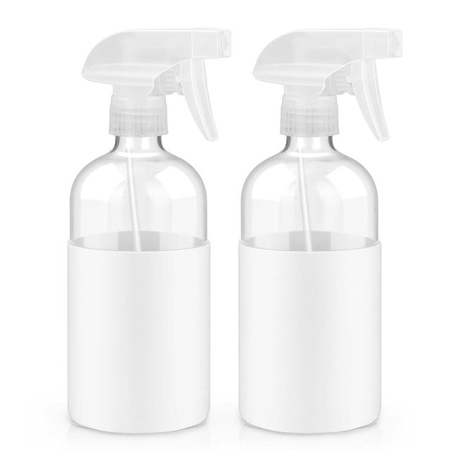 Worldgsb 2 Pack Glass Spray Bottles with Silicone Sleeve, 16 oz Empty Refillable Containers with Adjustable Spray Nozzles, Spray Bottles for Hair, Cleaning Solutions and Plants White