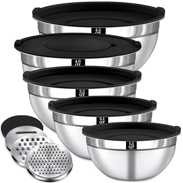 Boskermeal Mixing Bowls with Lids Set - 5 Nesting Mixing Bowls, 3 Grater Attachments, Airtight Lids, Stainless Steel Mixing Bowls for Mixing & Serving, Size 1.5/2.1/3.5/4/4.5 QT, Black