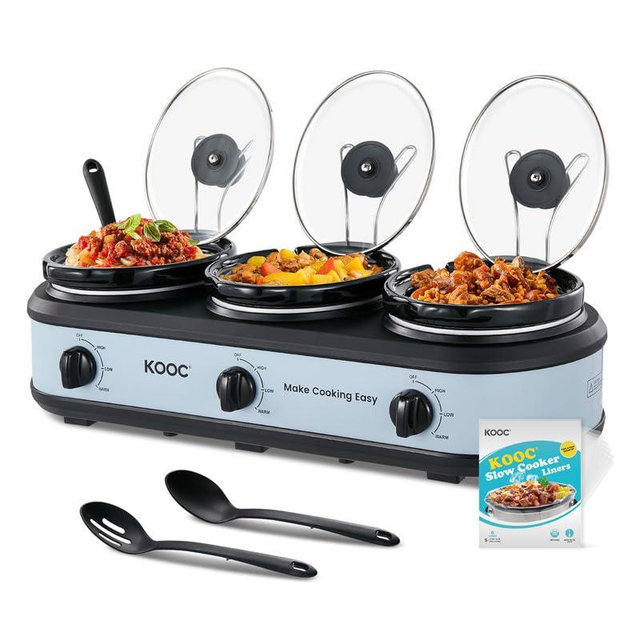KOOC Triple Slow Cooker Buffet Server and Food Warmer 3x1.5 Quart Individual Temp Control With Lid Rests & Spoons With Liners Included Blue Grey
