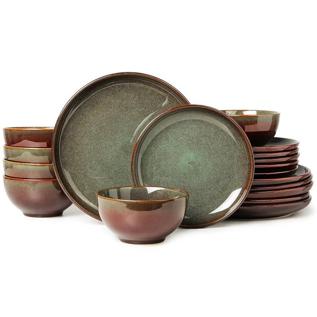 Pokini Stoneware Dinnerware Sets for 6, 18 Pieces Ceramic Plates and Bowls Sets, Chip and Scratch Resistant Dish Set, Dishwasher & Microwave Safe Plate Set, Brown Green