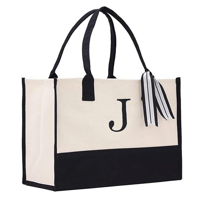 Personalized Gift Monogram Initial 100% Cotton Two Tone Chic Tote Bag with Customize Option - Black