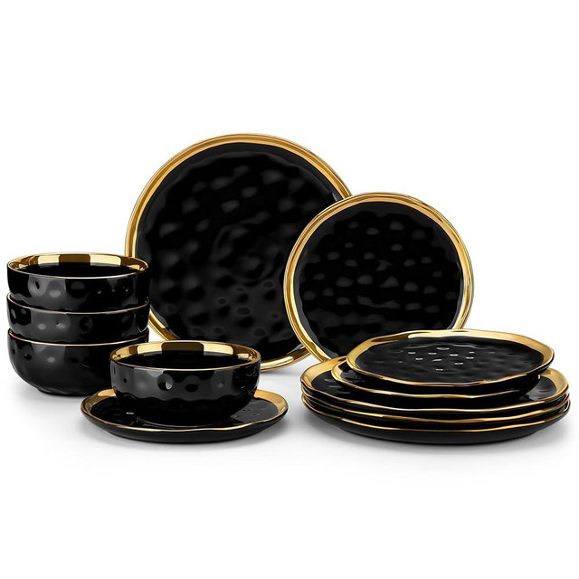 LOVECASA 12 Pieces Plates and Bowls Sets, Porcelain Black and Gold Dinnerware Sets, Round Dinner Plates Dishes Set Service for 4, Dishwasher Safe and Scratch Resistant, Black