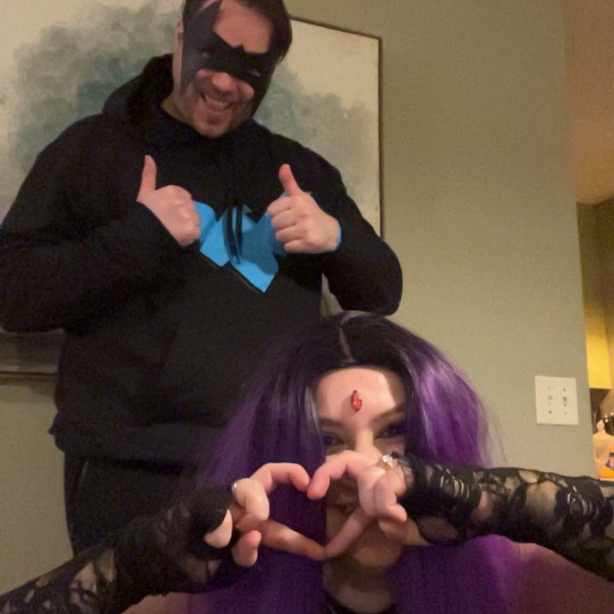 We dressed up as DC characters Nightwing and Raven for Halloween 2025