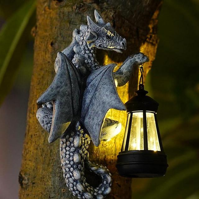 Goodeco Dragon Tree Hugger Garden Statue with Solar Lantern - 9.3 Inch Resin Dragon Decor for Outdoor, Perfect Dragon Gifts & Yard Decor