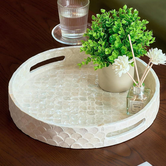 CHI AN HOME 12.6 Inch Capiz Round Decorative Tray with Handles for Coffee Table, Vanity, or Ottoman, Elegant Capiz Mother of Pearl Serving Tray for Home Decor, Modern Coastal Boho Style, White