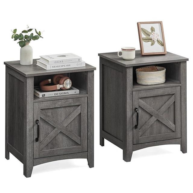 VASAGLE Farmhouse Nightstand with Barn Door, Set of 2, Bedside Table with Storage, Side End Table, Night Stand with Open Compartment, for Bedroom, Misty Gray ULET809G68