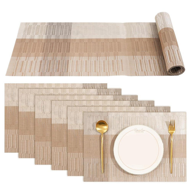 Champagne Placemats with Table Runner Set of 6 Washable Easy Clean Durable PVC Vinyl Woven Place Mats for Dining Table,Heat Resistant Non-Slip Indoor/Outdoor