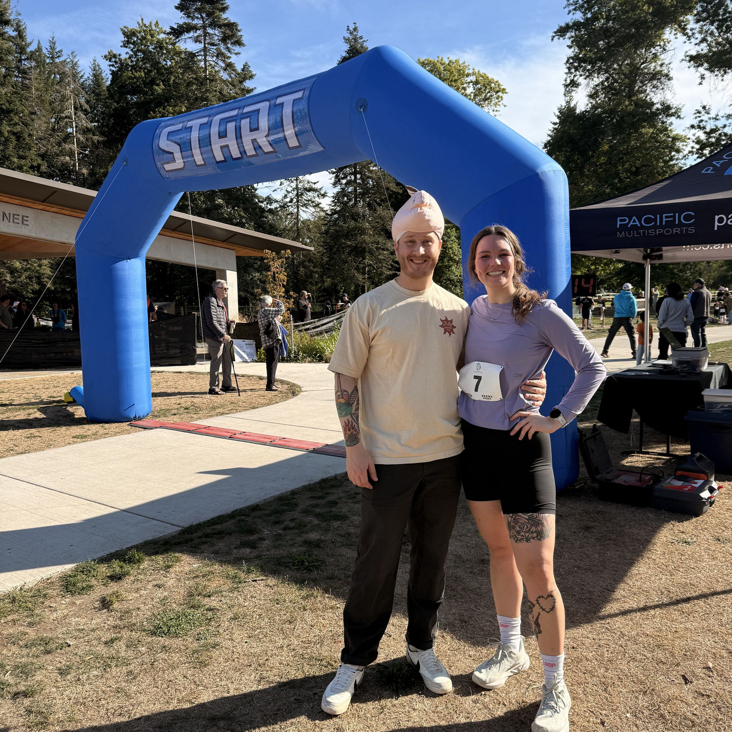 my first "Salmon Run 5K" and Travis wore a fish on his head to cheer us on!
