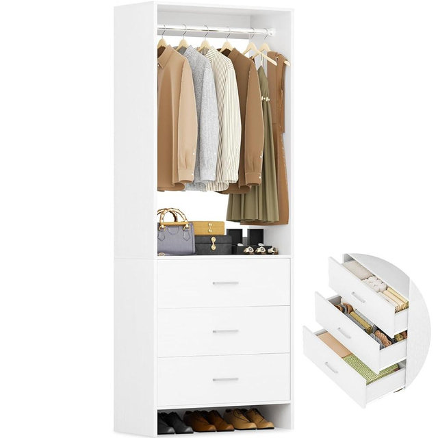 Aheaplus 2FT Closet System with 3 Drawers, 24’’ Closet Organizer, Wood Closet Organizer System, Walk-in Closet or Small Closets Wardrobe, Clothes Rack with Hanging Rods,-E6, White