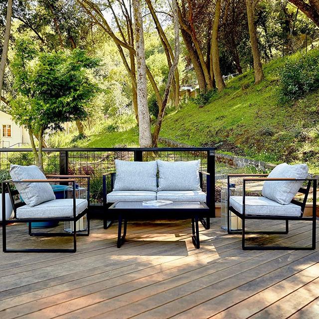 EAST OAK EO-CS002 Patio Furniture Set, 4-Piece Outdoor Deep Seating Conversation Sofa, Black & Grey