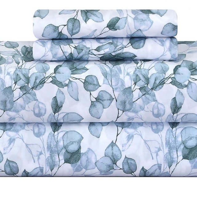 Feather & Stitch Printed 500 TC King Size 4pc Damask Bed Sheet Set, 100% Soft Cotton Breathable Bedsheets, 18" Deep Pockets Sateen Weave Striped Bedding Mattress Resort Hotel Luxury Décor - Green Leaf