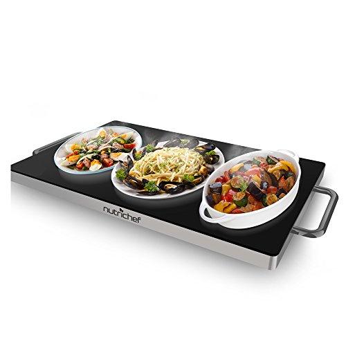 NutriChef Portable Electric Hot Plate - Stainless Steel Warming Tray Dish Warmer w/ Black Glass Top - Keep Food Warm for Buffet Serving, Restaurant, Parties, Table or Countertop Use - PKWTR45