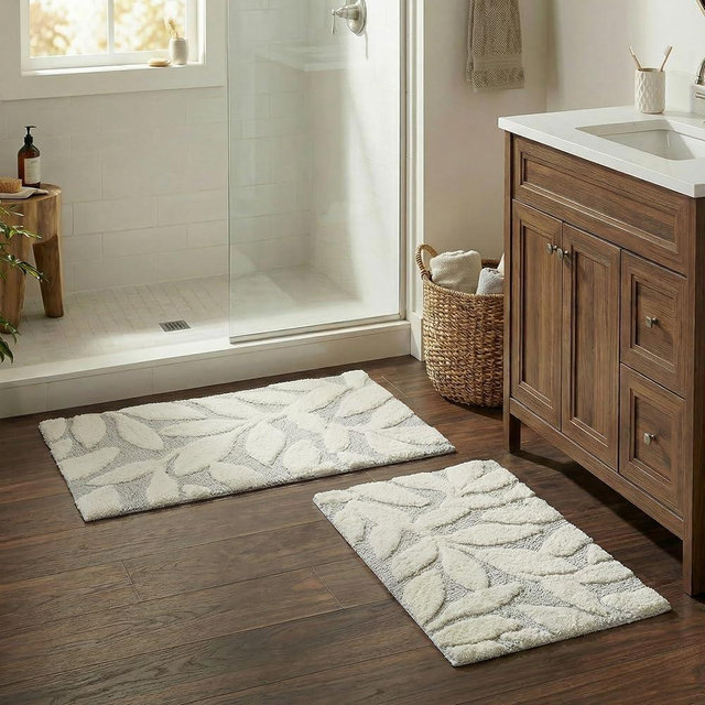 2 Piece Bathroom Rug Set - 35x22 Inch and 25x18 Inch 100% Cotton Bath Mats with Textured Botanical Leaf Print for Boho Bathroom Decor - Bath Rugs Non Slip Washable Bathmats by Lavish Home (Blue)
