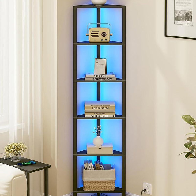 TUTOTAK Corner Shelf with LED Light, 6-Tier Corner Bookshelf for Small Space, Narrow Display Corner Shelf Stand with Storage Rack, for Living Room, Bedroom, Black BS05BK006L