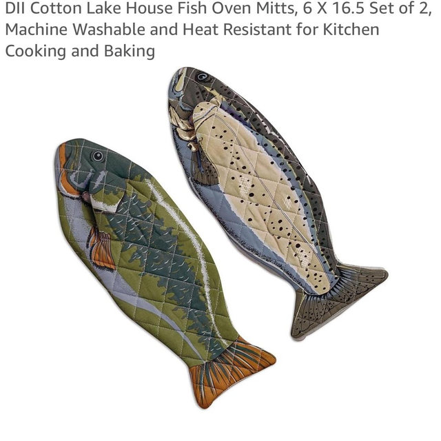 DII Cotton Lake House Fish Oven Mitts, 6 X 16.5 Set of 2, Machine Washable and Heat Resistant for Kitchen Cooking and Baking