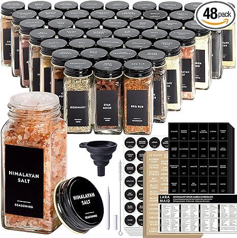 Laramaid 4oz 48Pack Glass Jars with 459 Minimalist Black Vinyl Spice Labels, Shaker Lids Dispenser with Airtight Black Metal Caps, White Pen, Cleaning Brush & Collapsible Silicone Funnel Complete Spice Jar Set