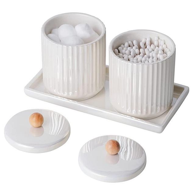 Redelaenor Ceramic Bathroom Canister Set with Coordinating Small Vanity Tray Qtip Holder Dispenser for Cotton Ball ,Swab,Pads , Floss, Bathroom Storage Jars with Lids Pearl White