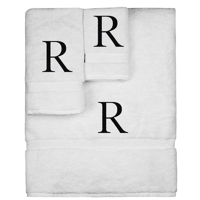 Monogrammed Towel Set, Personalized Gift, Set of 3- Black Block Letter Embroidered Towel - Extra Absorbent 100% Turkish Cotton - Soft Terry Finish - Initial R White