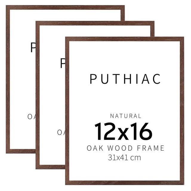 puthiac 12x16 Walnut Oak Wood Picture Frame - Minimalist 12x16 Poster Frame, 12"x16" Picture Frame Wood, Natural Solid Wooden Picture Frames for Wall Art Photo and Prints (3 Pack, Walnut)
