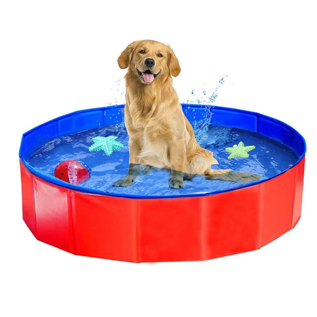 ITidyHome Foldable Pet Dog Kids Swimming Pool(32'' x 8''),Plastic Anti-Slip PVC Bathing Tub Swimming Pool Durable Fiberboard Kiddie Pool Red