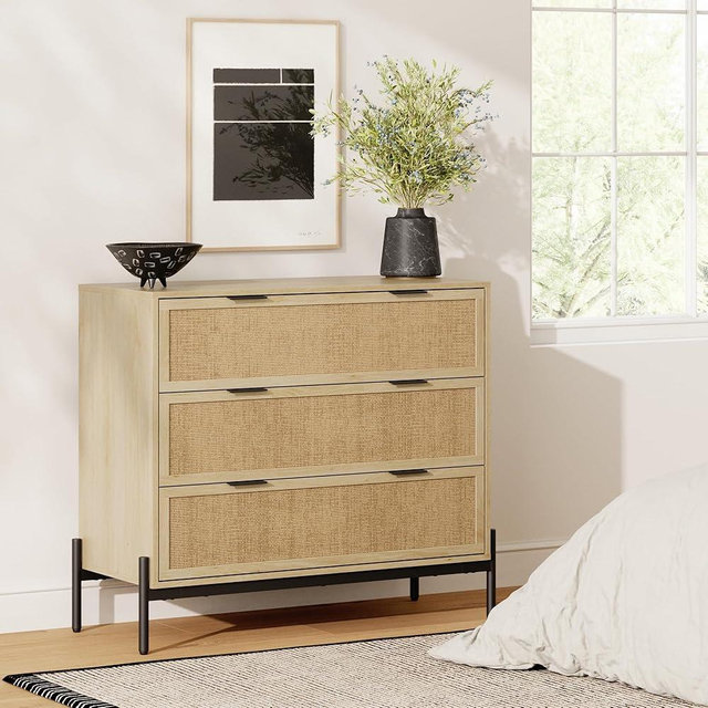 Nathan James Accent Storage Boho Modern Free Standing Buffet Sideboard Cabinet for Hallway, Entryway, Dining Living Room, 1 Dresser with 3 Drawers, Andrew Dresser - Light Oak/Black