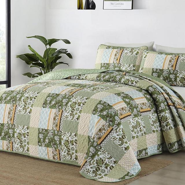 WONGS BEDDING Quilt Set Queen Size Green, 3 Pieces Summer Patchwork Plaid Bedspread Coverlet Set, Floral Soft Microfiber Bedding Set for All Season(96"×90“)