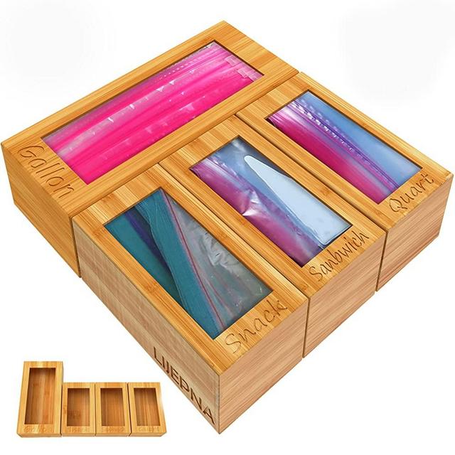 LIJEPNA Bamboo Ziplock Bag Storage Organizer for Kitchen Drawer, 4 Separate Baggie Organizer, Suitable for Gallon, Quart, Sandwich & Snack Variety Size Bag (4 box set)