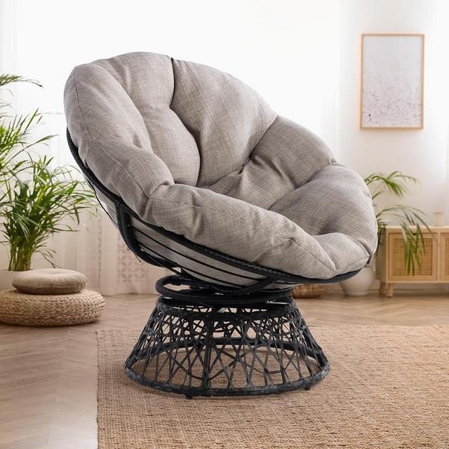 Bme Ergonomic Wicker Papasan Chair with Soft Thick Density Fabric Cushion, High Capacity Steel Frame, 360 Degree Swivel for Living, Bedroom, Reading Room, Lounge, Silver Cloud - Black Base