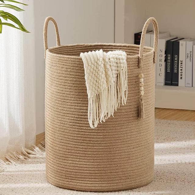 YOUDENOVA Jute Rope Laundry Hamper Basket, 58L Tall Woven Laundry Basket for Blanket Organizer- Clothes Hamper for Bedroom Storage-Large-Jute