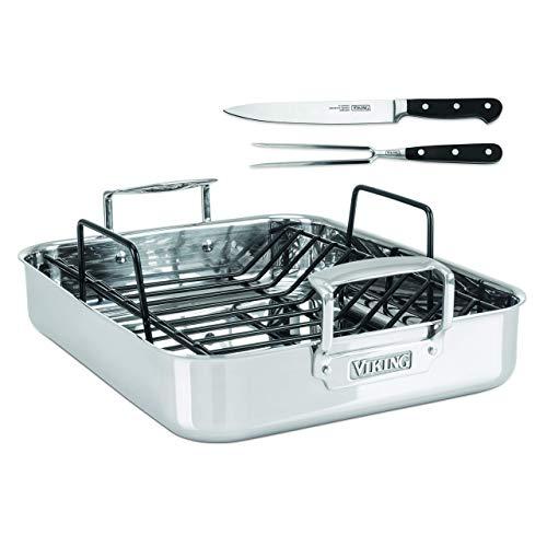 Viking Culinary 4013-9902 3-Ply Stainless Steel Roasting Pan with Nonstick Rack + BONUS 8" Carving Set 16 Inch by 13 Inch (Renewed)