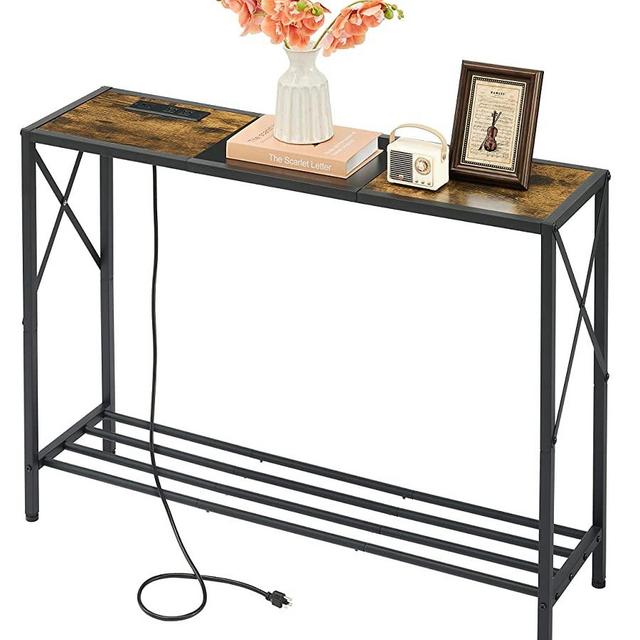 Tajsoon Console Table with Charging Station, Industrial entryway Table, Narrow Sofa Table with Shelves, Entrance Table for Entryway, Hallway, Living Room, Foyer, Office, Rustic Brown & Black