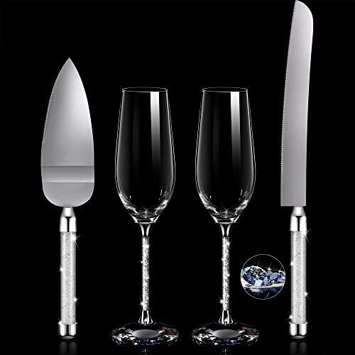 4 Piece Wedding Toasting Flutes and Cake Server Set Wedding Reception Supplies Champagne Glasses Cake Knife Pie Server