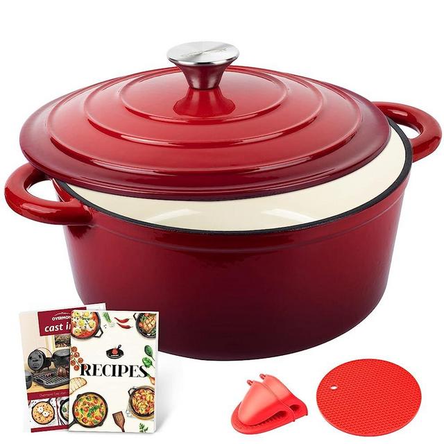 Overmont 6QT Enameled Cast Iron Dutch Oven with Lid Cookbook Heavy-Duty Non-stick Casserole with Dual handles for Braising, Stews, Roasting, Bread Baking
