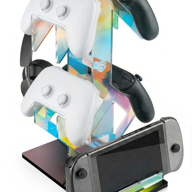 NiHome Iridescent Acrylic 2-Tier Universal Game Controller Headset Holder Rack, Modern Storage Organizer for PS5 Xbox ONE Switch Game Controllers and Headphones Anti-Slip Stable Gaming Accessory Stand
