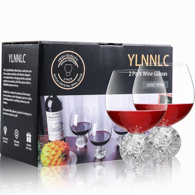 YLNNLC Crystal Wine Glasses Set of 2, 20oz Premium Lead-free Juice Glass with Crystal Ball Base, Red Wine Glasses Set of 2, for Daily Use, Party, Home Bar, Wedding, Shower, Birthday, Christmas Gift