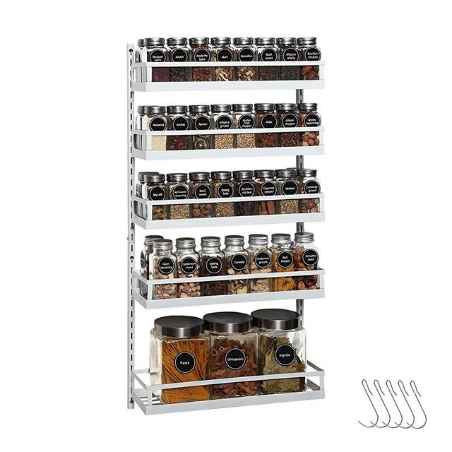 X-cosrack Wall Mount Spice Rack Organizer 5 Tier Height-Adjustable Hanging Spice Shelf Storage for Kitchen Pantry Cabinet Door, Dual-Use Seasoning Holder Rack with Hooks, White