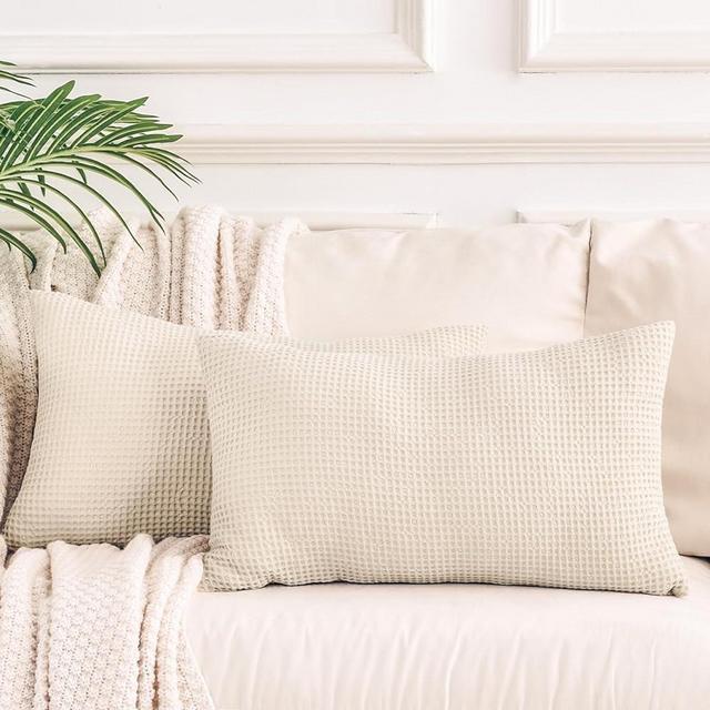 NEXHOME PRO 100% Cotton Waffle Weave Throw Pillow Covers 12x20 Inch Set of 2, Home Decorative Lumbar Pillow Covers 2 Pack for Bed Couch Sofa Car, No Insert, Khaki