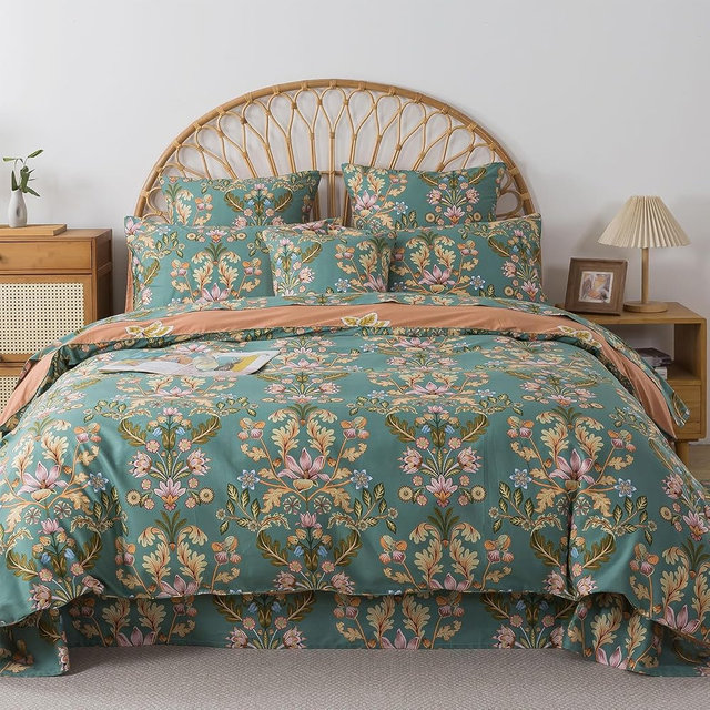 FADFAY King/Cal King Duvet Cover Set, 3-Piece 100% Cotton, Boho Vintage Teal Blue & Orange Floral Bedding, Reversible Country Style Bed Cover with Zipper