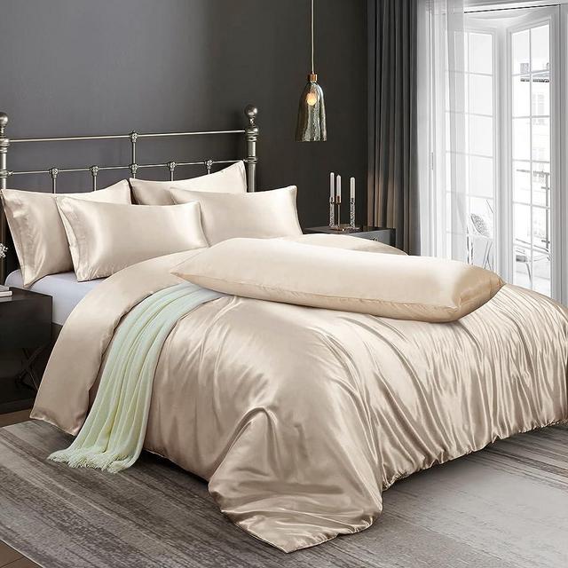 Ersmak 6 Pieces Satin Duvet Cover King Size Luxury Silky Bedding Duvet Cover Set with 1 Soft Duvet Cover, 4 King Pillowcases and 1 Body Pillowcase, Beige