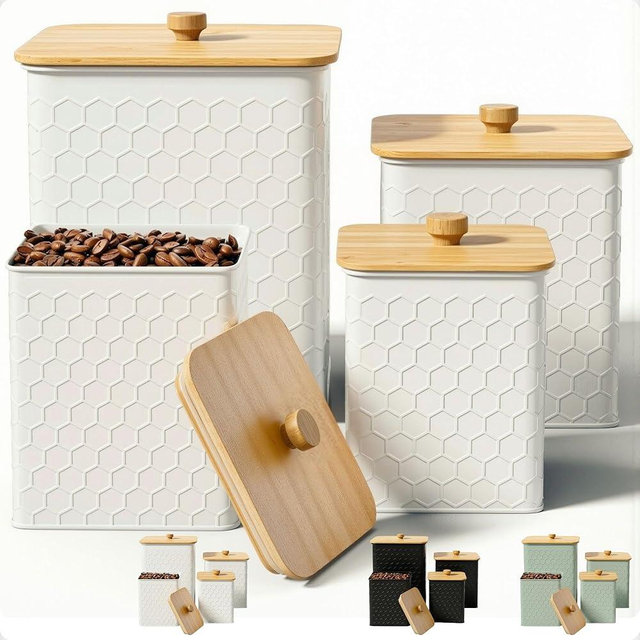 Kitchen Canisters for Countertop Set of 4 - Textured Iron Kitchen Canisters with Airtight Lids - Flour Sugar Canister Set - Flour and Sugar Containers Farmhouse - Coffee Jar for Counter - White Jar x4