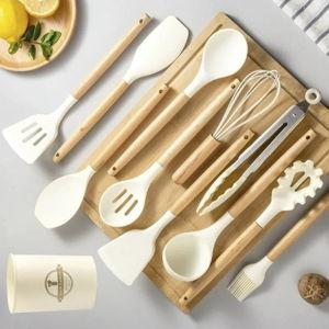Non-Toxic BPA Free Silicone Cooking Utensil Set with Wooden Handles Lattea - 11-Piece Set / White