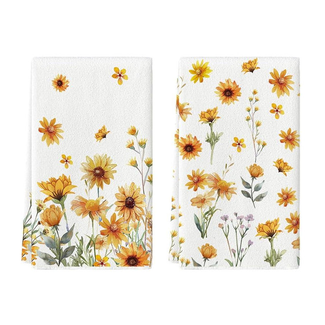 Artoid Mode Yellow Plant Floral Daisy Spring Kitchen Towels Dish Towels, 18x26 Inch Seasonal Decoration Hand Towels Set of 2