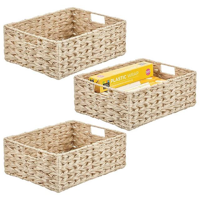 mDesign Woven Farmhouse Kitchen Pantry Food Storage Organizer Basket Bin Box - Container Organization for Cabinets, Cupboards, Shelves, Countertops - 3 Pack - Cream