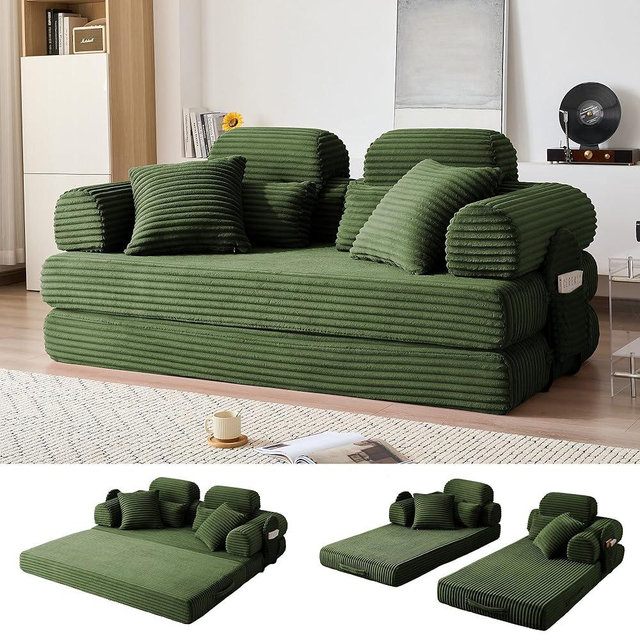 NNQ 78.8" Convertible Sofa Bed with High Backrest Headrest, 5-in-1 Corduroy Boneless Couch with Side Pocket, Sleeper Loveseat Couch Bed Sectional Couches for Living Room, No Assembly, Light Green